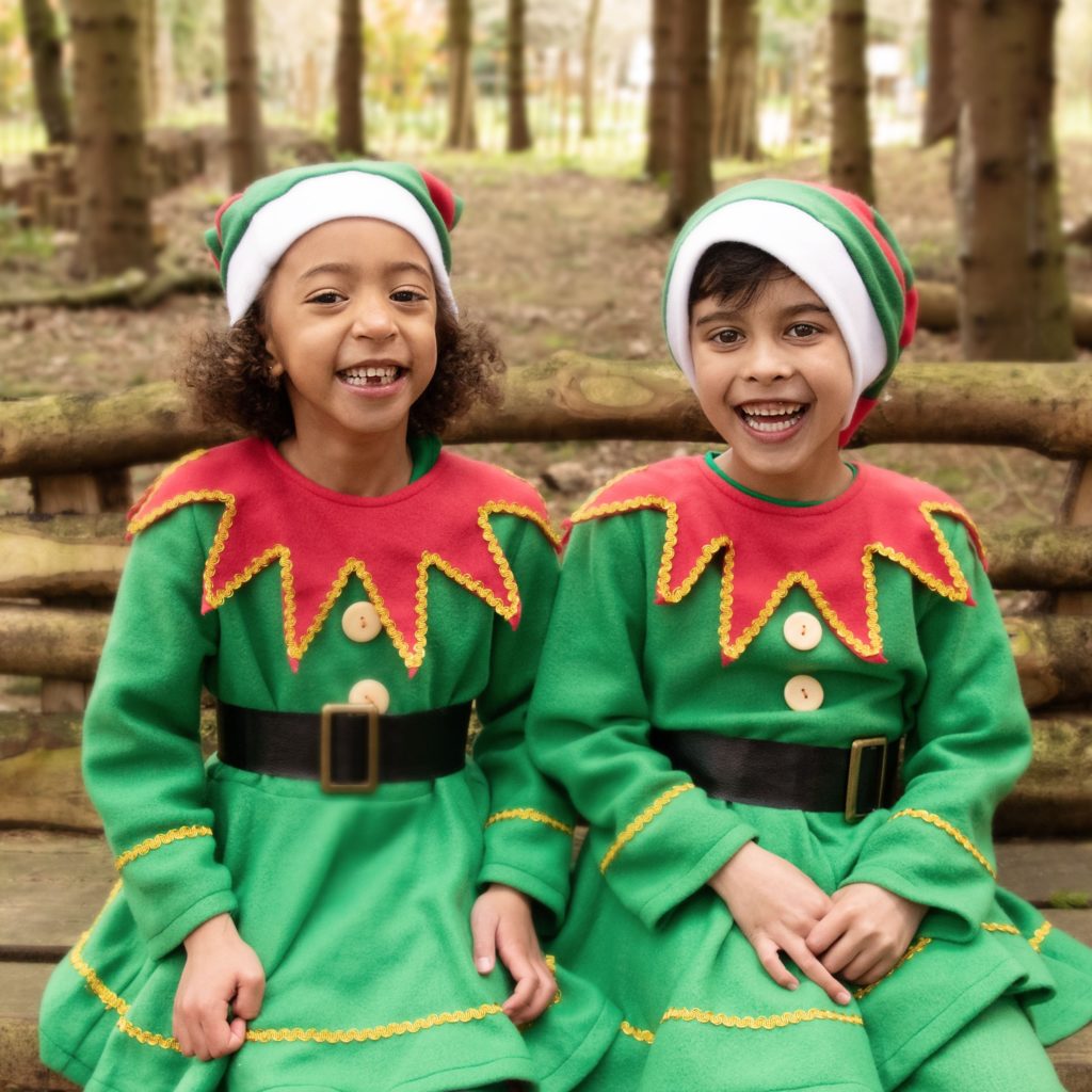 2 young children dressed as elves smiling whilst sitting in woodland
